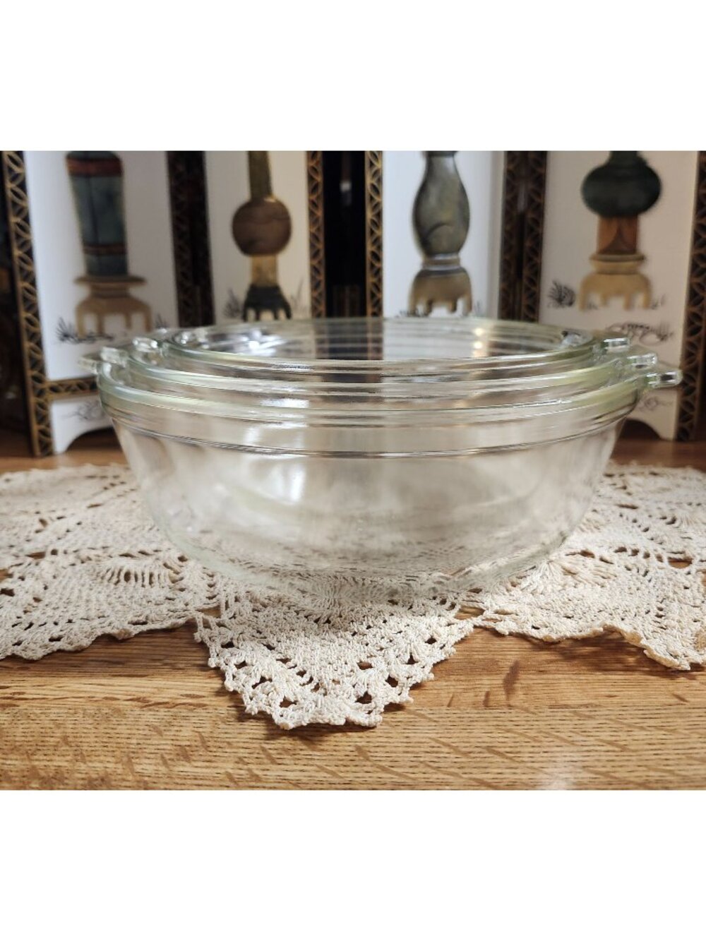 Early PYREX Clear Bowls w/ Tabbed Handles Set of 3 Vintage Glass